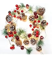 Christmas Garland Decoration with Lights, 10FT 30LED Pine Cone Red Berry Bell Battery Operated Ch...