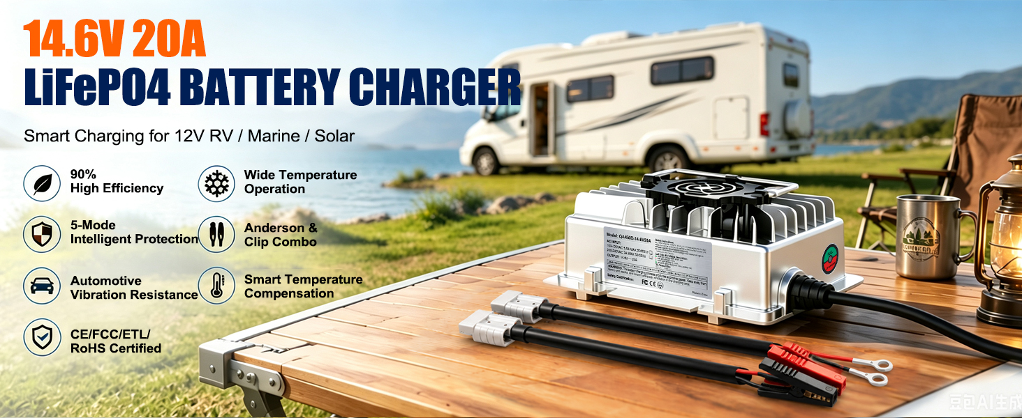 ABKpower 14.6V 20A LiFePO4 Battery Charger, AC-DC Smart Charger