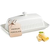 YHOJOY Ceramic Butter Dish with Lid, White Butter Holder Container with Porcelain Cover Knob Hand...