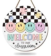 FYSUIMU Pastel Smile Face Wooden Hanging Sign Classroom Welcome Wood Sign White Black Checkered D...