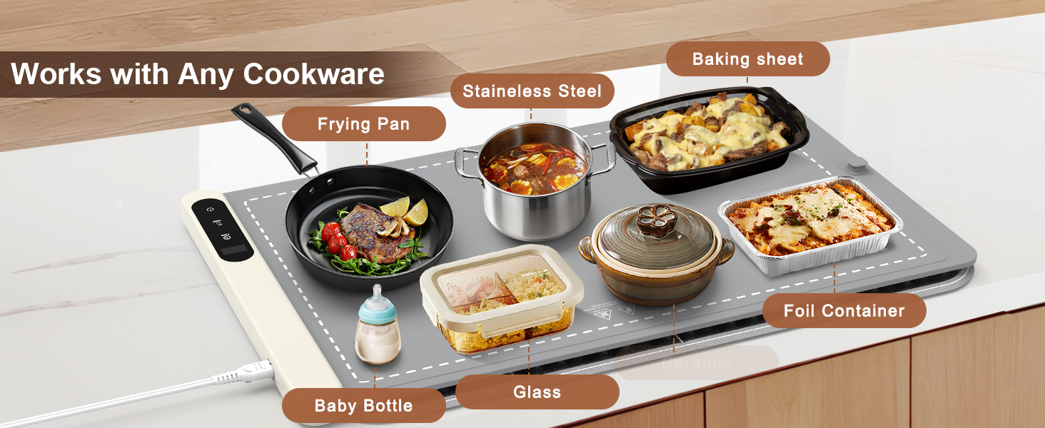 FYY Warming Mat for Food - Rapid and Full Surface Heating, 6 Temp Settings, 6H Timer