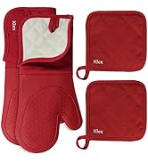 KLEX 15" Silicone Oven Mitts and Pot Holders 4-Piece Set, 932°F Degrees Heat Resistance, Comforta...