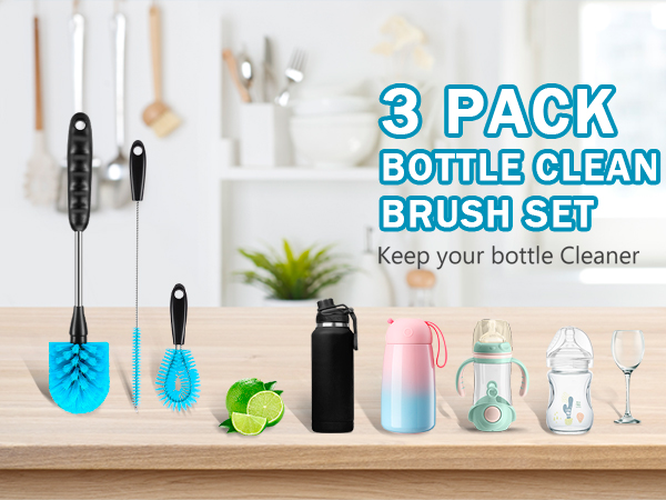 Bottle Brush Set of Three,Washable Coffee Cups, Water Bottles, Baby Bottles