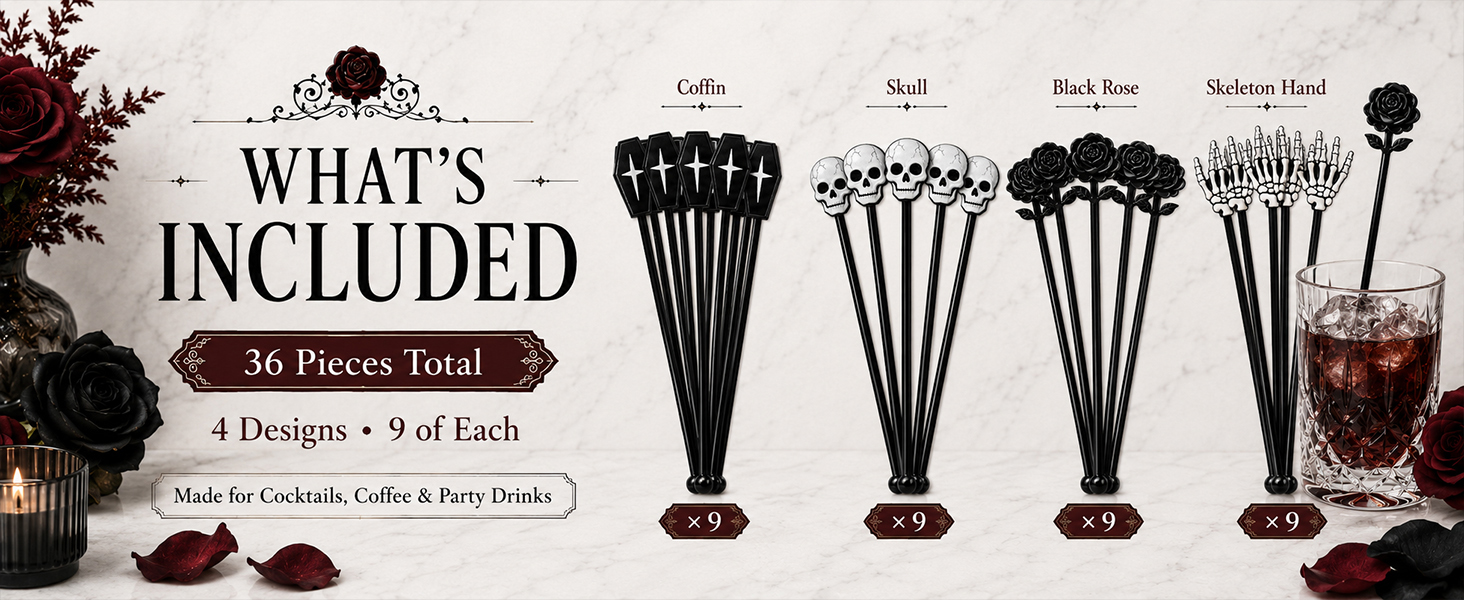 36-Piece Halloween Cocktail Stirrers, 7.1 in, 4 Gothic Designs for cocktails,punch and party bars