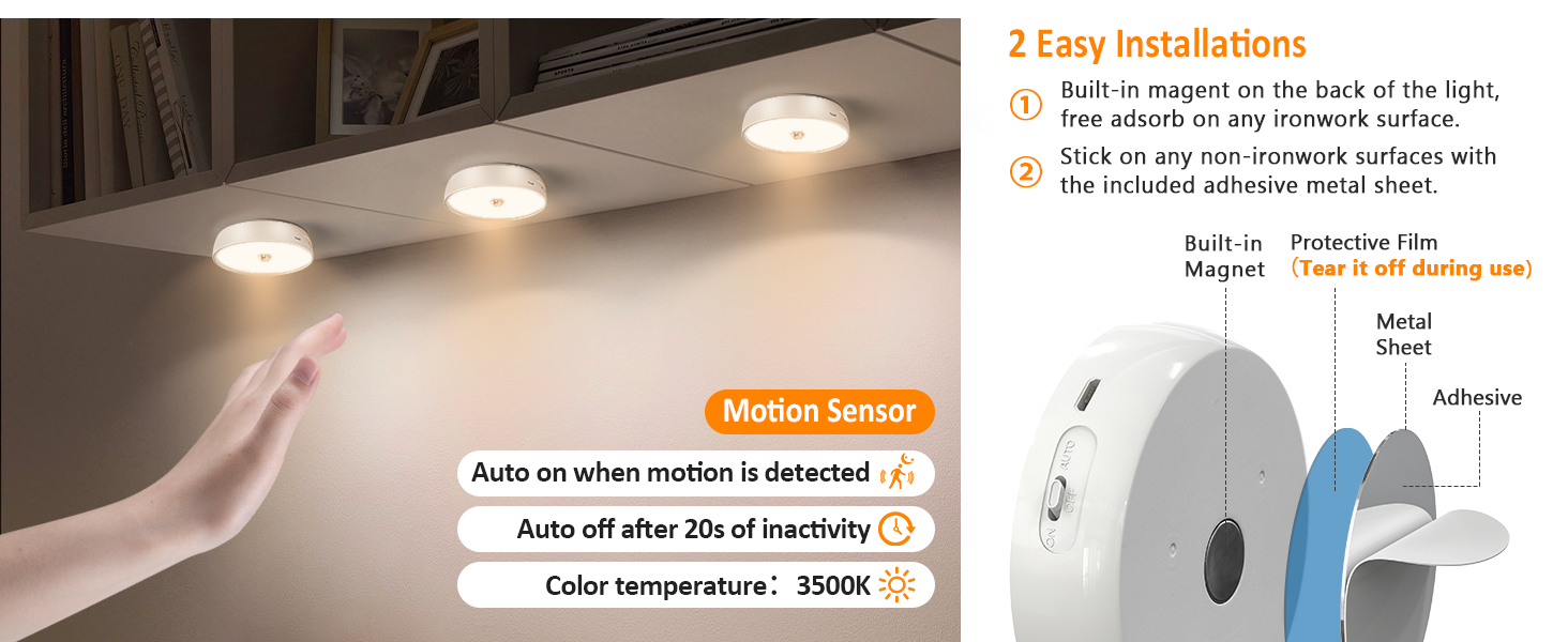 Warm White LED Closet Lights Wireless Motion Sensor Puck Lights with remote
