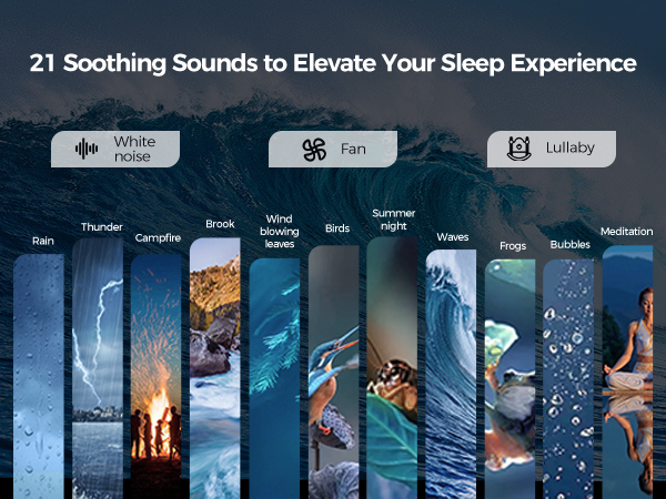 21 Sleep Sound: white/pink/brown noise, fan sound, (rain, thunder, campfire, bubbles, bird, etc.