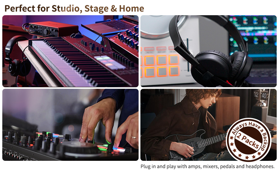 Lifestyle 3.5mm to 6.35mm adapters used in studio, stage and home settings with a 2-pack badge