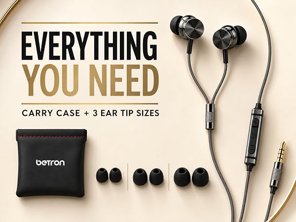 Betron BS10 wired earphones with carry case, in-line controls, 3.5 mm plug and three ear-tip sizes.
