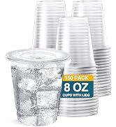 SHOPDAY 8 oz-Plastic-Cups-with-Lids - 150 Pack Disposable Clear Cups with Lids, Small Cups for Co...