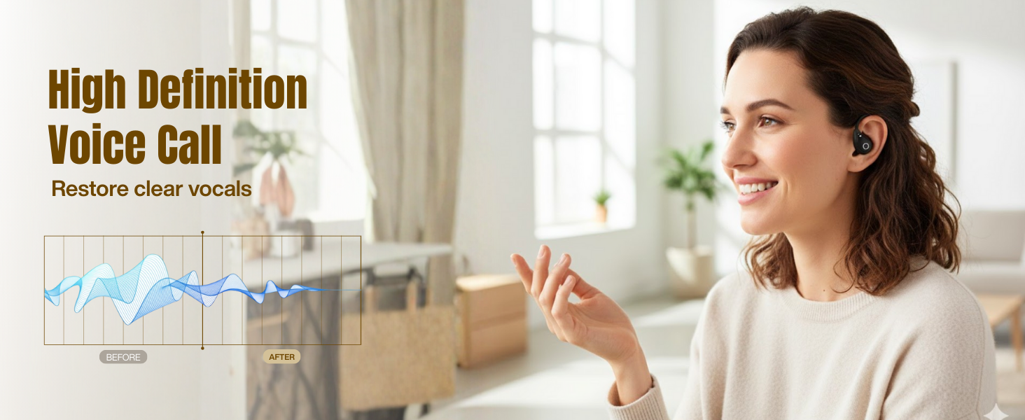 Woman wearing open ear earbuds during a clear HD voice call at home