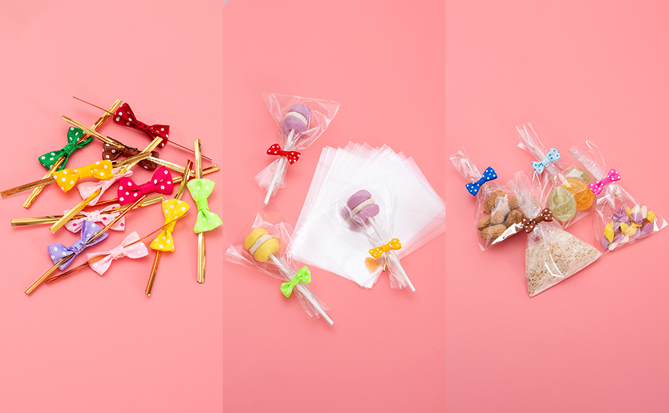 Cake Pop Sticks and Wrappers Kit, Lollipop Sticks Cake Pop Bags with Metallic Twist Ties Bow
