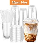 Kesaplan 50 Set 16oz Clear Plastic Cups with Lids & Straws, Disposable Round Bottom To Go Iced Co...