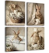 Frimeeme Framed Cute Bunny Bathroom Canvas Wall Art, Animals Farmhouse Laundry & Powder Room, 8x1...
