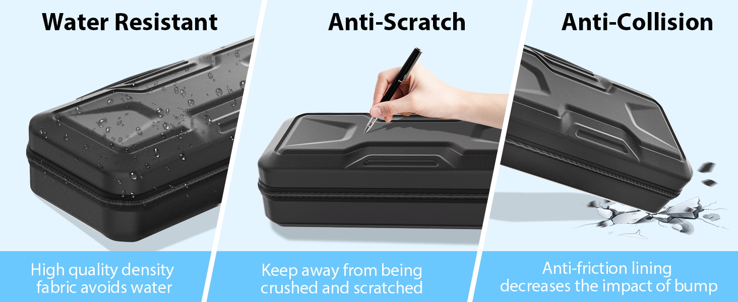 Text reads 'Water Resistant', 'Anti-Scratch', 'Anti-Collision'. Product demonstration showing black protective case features with impact and water resistance capabilities.