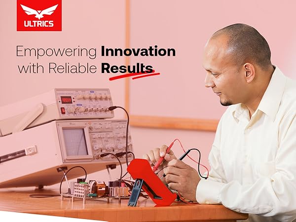 Text reads 'Empowering Innovation with Reliable Results'. Laboratory setting showing scientific equipment and research work being conducted with red accent lighting.