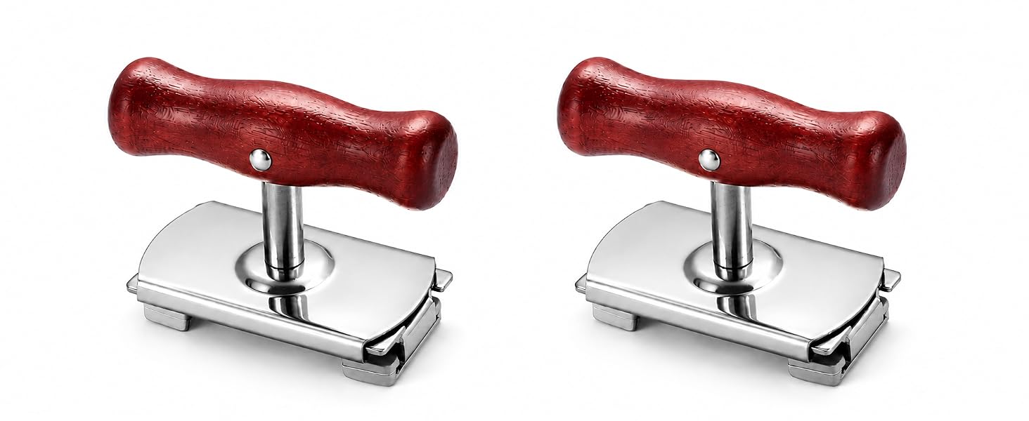 2 pack manual jar lid opener set with red-brown wood handles and silver metal bodies