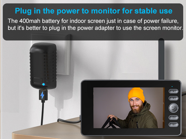 Text reads: 'Plug in the power to monitor for stable use'. Security monitoring setup showing power adapter and screen display with surveillance footage.