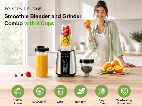 smoothie blender and grinder combo with 3 cups