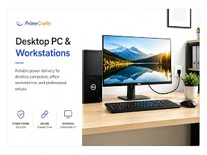 PrimeCrafts AC power cable connected to computer, workstation setup universal IEC C13 compatibility