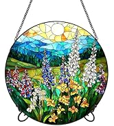 Suncatcher Stained Glass Window Hanging - Green Suburb Hyacinth Colored Glass Panel Round Sun Cat...
