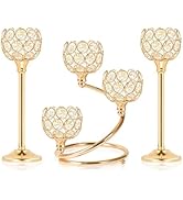 KEHAIL Gold Metal Crystal Candle Holder Set of 3 - Elegant 5-Arm Metal Tea Light Centerpiece with...