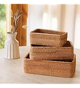 Handmade Rattan Bread Baskets - Set of 3 Rectangular Wicker Food Baskets for Kitchen Counter