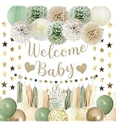 Amandir Baby Shower Decorations Sage Green Balloons Welcome Baby Banner, Cake Topper, Paper Lante...