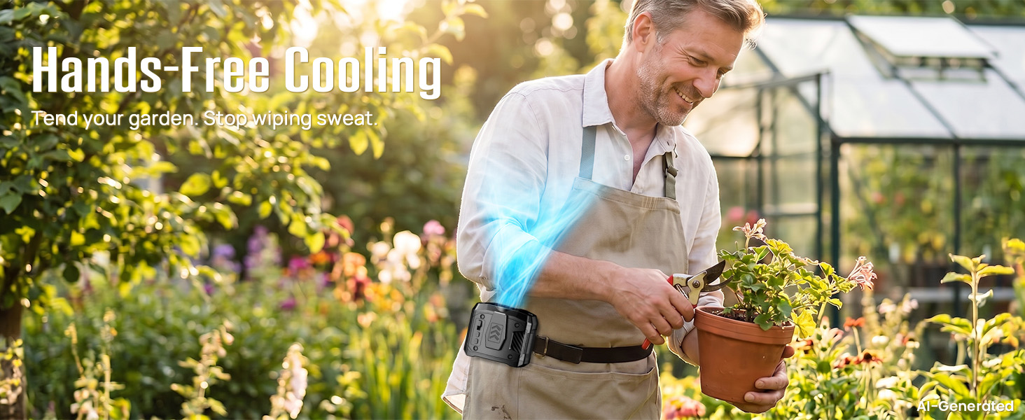 Hands-free portable waist fan clip on keeps gardeners cool while both hands hold plants and tools
