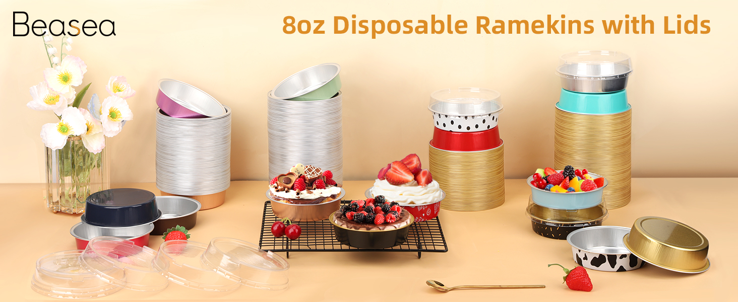 Beasea 215ml/7.3oz disposable ramekin pans with lids in different colors