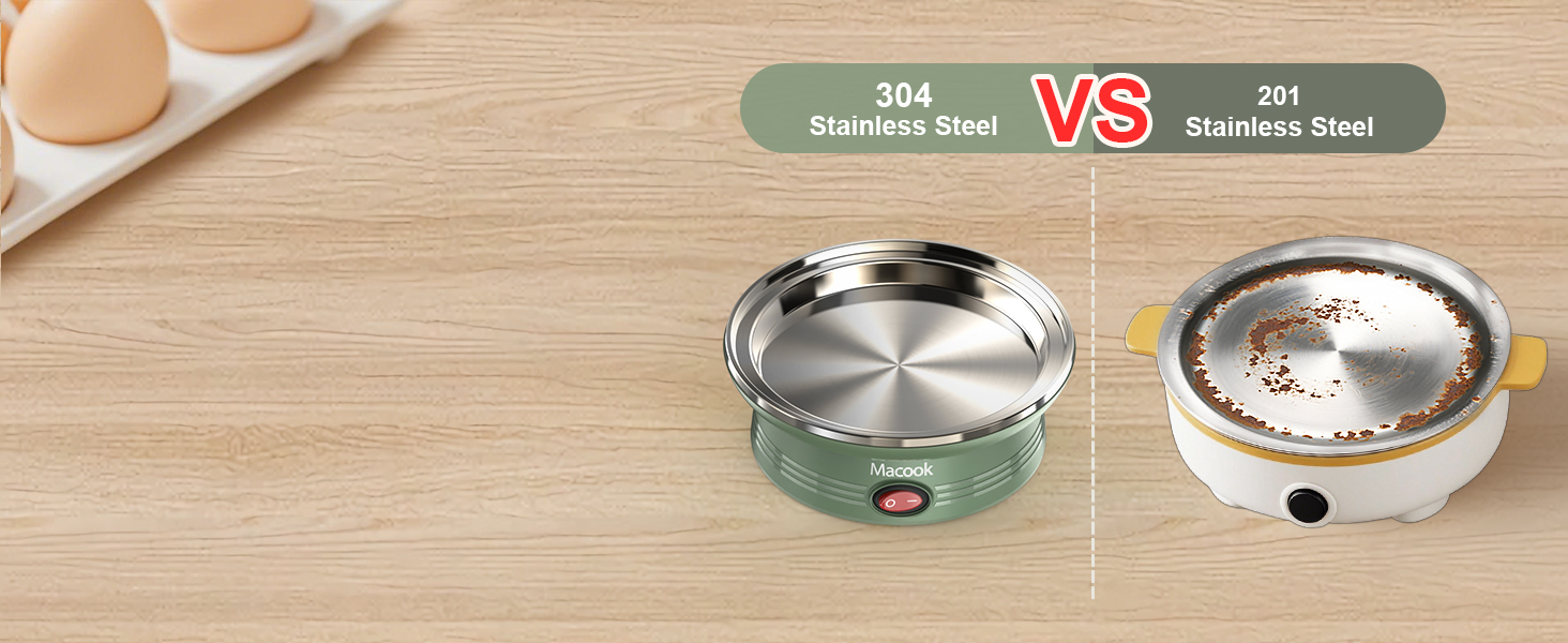 Comparison of two stainless steel egg cookers: a green 304 stainless steel model on the left and a white 201 stainless steel model on the right, both on a wooden surface.