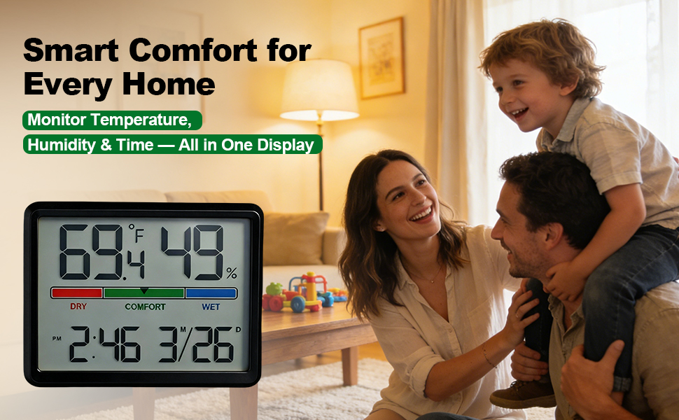 Digital Hygrometer Indoor Thermometer, Clock with Temp & Humidity