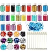 34-Color Epoxy Pigment Set of Mica Powder Colorant, Chunky Glitters, Stirring Spoons