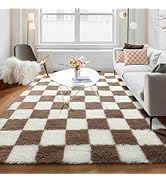 KICMOR Living Room Rug 5x8 Brown and Cream White, Large Fluffy Shag Fuzzy Checkered Area Rugs Sha...