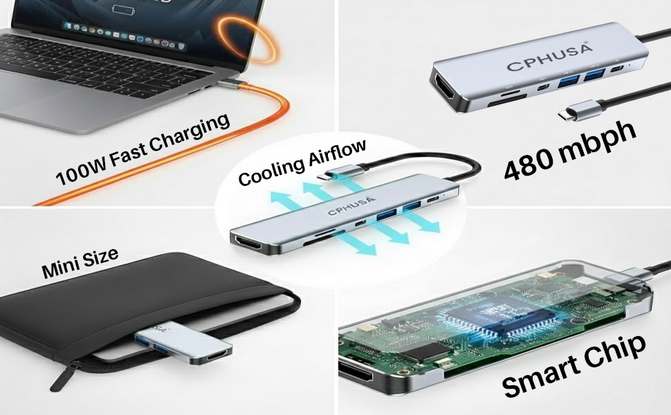 USB C hub with power delivery charging, compact design, and heat dissipation features