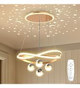 LOZNDA Modern Gold LED Chandeliers with Star Projector with Remote Control | Dimmable Pendant Lig...