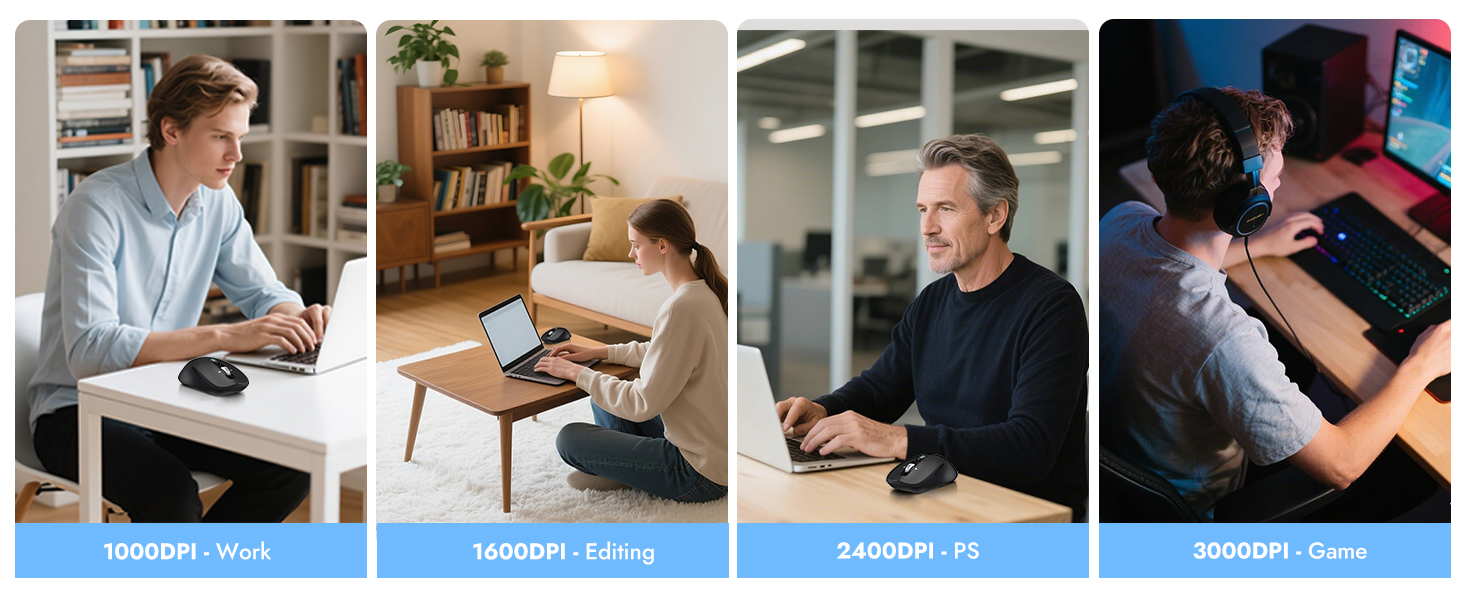 Four-panel image showing people using laptops in different settings: office desk, living room floor, office space, and gaming setup. Each panel labeled with DPI and usage context.