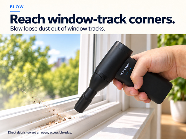 Handheld air blower clearing loose dust from window tracks with a focused nozzle