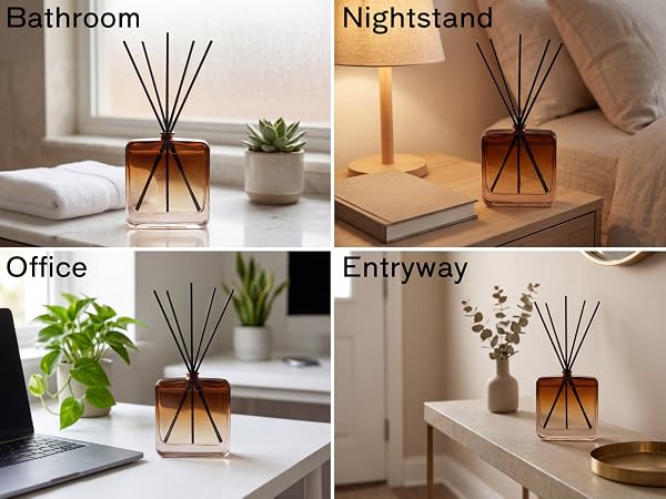 Bella Aria Earl Grey reed diffuser styled in four rooms: bathroom, nightstand, office, and entryway