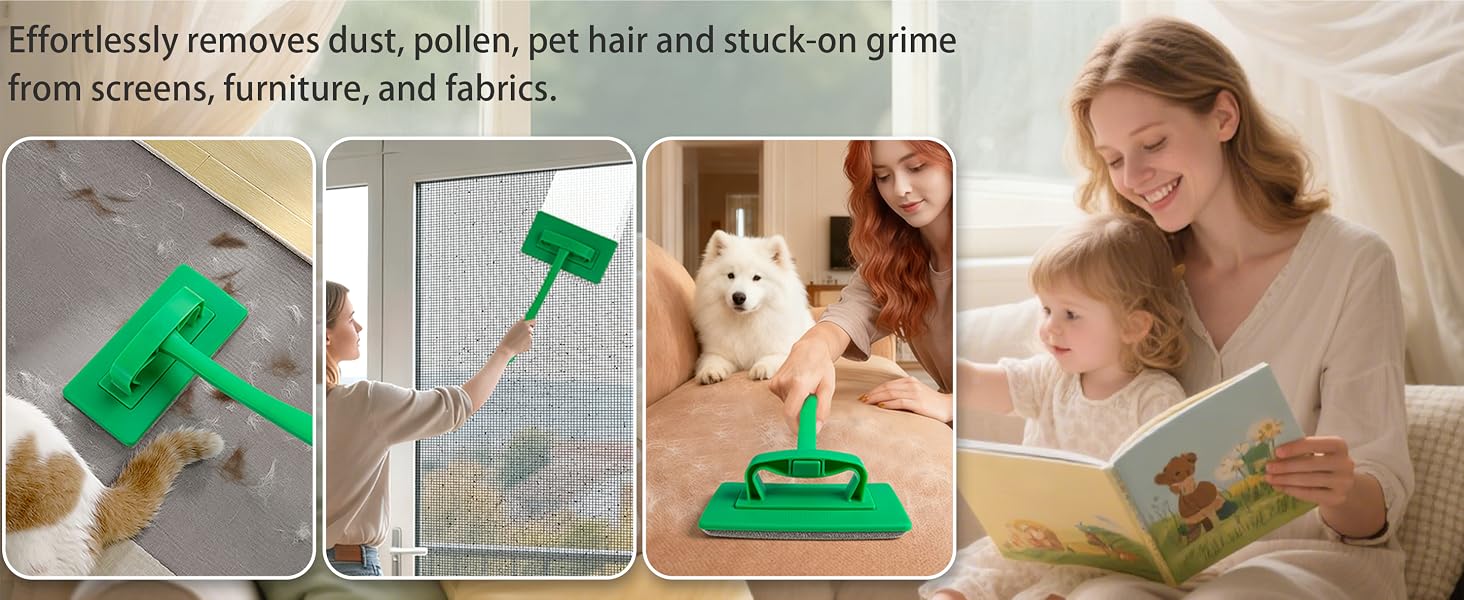 Versatile usage screen cleaning brushes for pet hair, furniture and mesh screens.