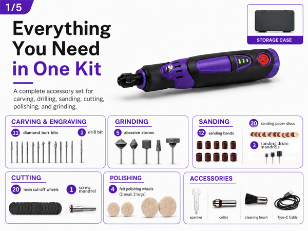 82-pc kit! Diamond bits & wheels to engrave, cut, sand & polish wood, metal & plastic.