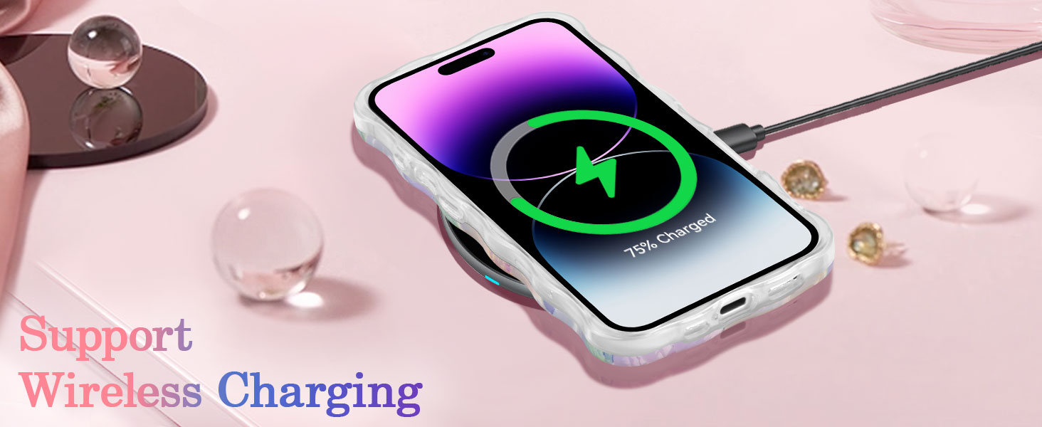 Wireless charging device with illuminated circular display, showing charging status for a smartphone in pink-tinted environment.