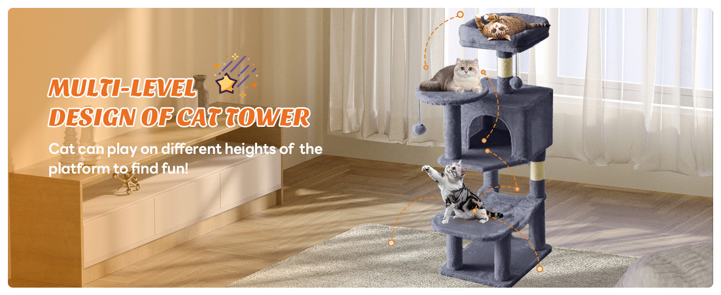 Sweetcrispy 44 inch Cat Tree with Condo, Scratching Posts, Platform, Hammock
