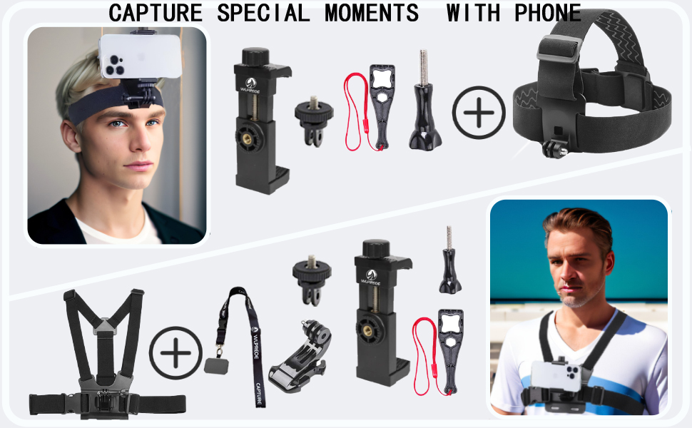 phone chest camera mount and phone head strap mount accessories kit