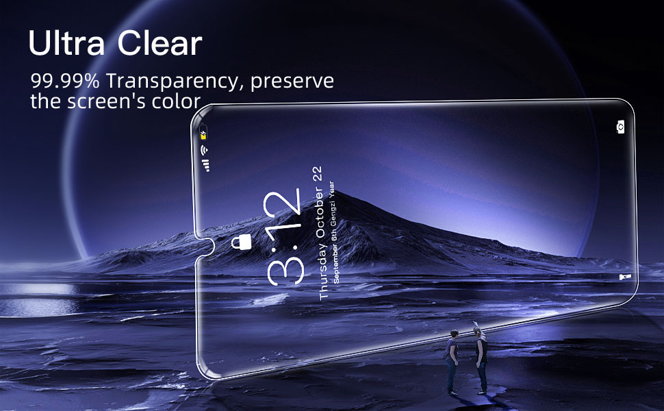 Ultra-clear screen protector for a smartphone, showcasing 99.99% transparency. The image displays two floating devices in a dark blue, watery environment.