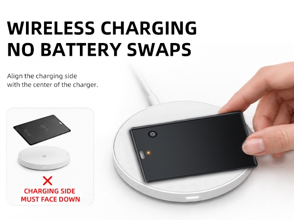 UQO wireless rechargeable card tracker on a Qi charging pad; charger not included