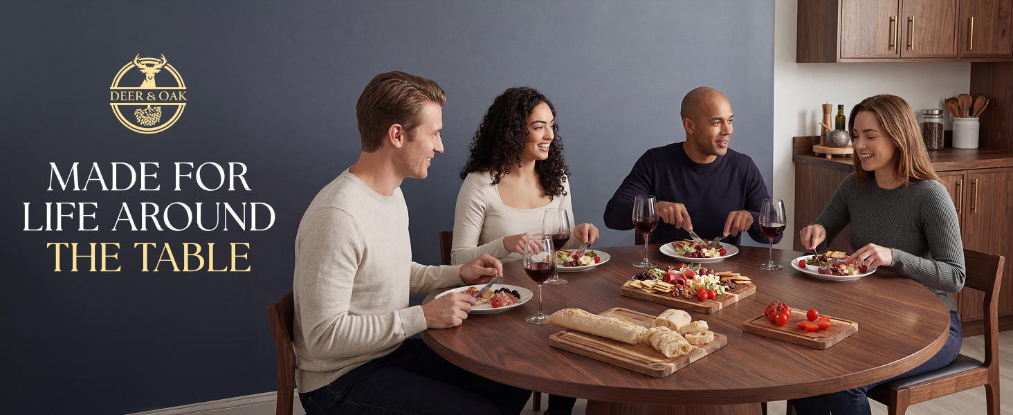 Group dining with Acacia cutting board set on Dining table