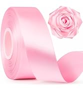 Mauproy 1-1/2 Inch Wide Pink Satin Ribbon, 50 Yards Solid Polyester Fabric Ribbon for Roses Makin...