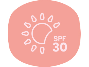 Sun icon with SPF 30 on lavendar rounded rectangle background