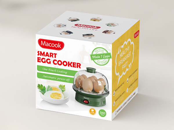 Macook Smart Egg Cooker product box. Features include automatic cooking for up to 7 eggs, with 360-degree heating. Green and white design with egg illustrations.