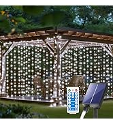 Solar Curtain Lights 10*10Ft 300LED Waterproof Waterfall Light with 8 Modes Remote Type C Chargin...